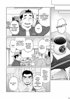 a black and white manga page depicting a conversation between a group of men at a diner. the focus is on their dialogue about love and relationships, with one character expressing disbelief and another recounting a past conversation. the scene is set in a casual diner environment.