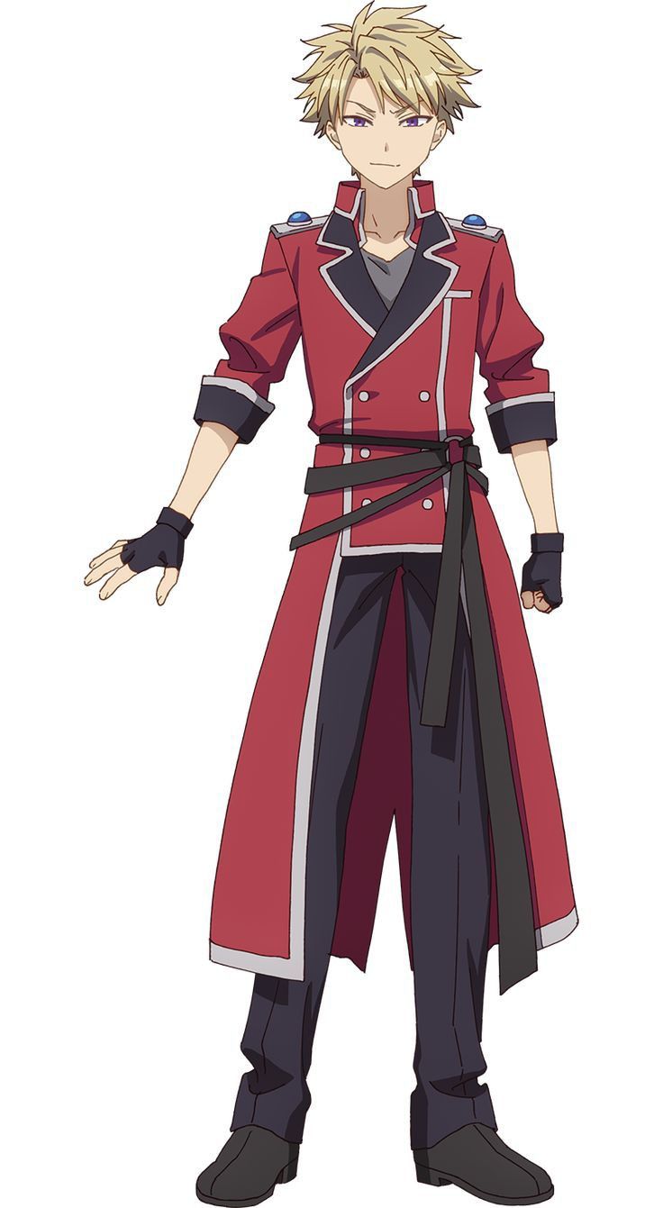 an anime character with blond hair, a red coat, and black pants is standing against a white background. he is wearing a black belt and black gloves. the coat has white trim and he appears to have purple eyes.