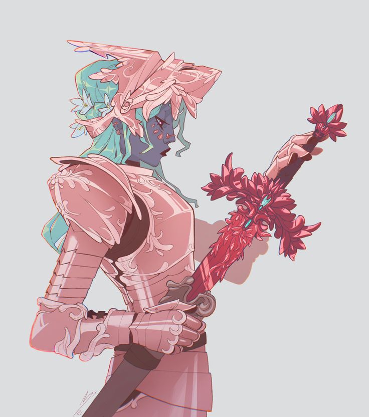 this digital illustration features a woman in pink armor holding a red sword, the scene is filled with a fantasy style. the character's body is turned to the side, and her face is slightly tilted down as if she is thinking about something. the woman's armor is made of intricate designs, and her sword has a unique shape with a red gemstone embedded on its hilt. the colors of the illustration are soft and muted, and the lighting is gentle and diffused. overall, the illustration creates a sense of mystery and intrigue.