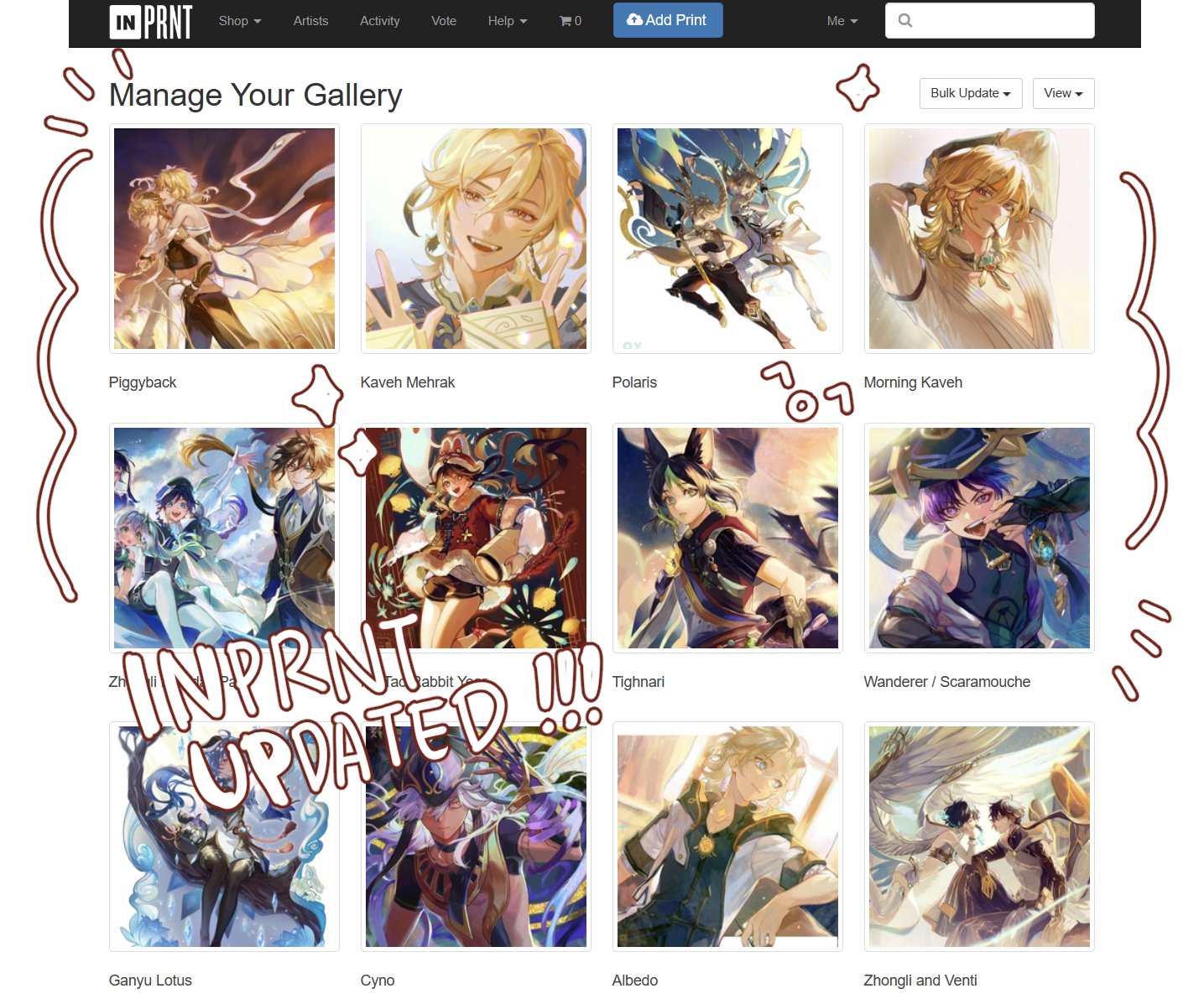 this is a screenshot of the "in prnt" website, specifically a user's gallery of genshin impact fanart. each image depicts a different genshin character with their respective names below the image. in the middle of the page, the phrase "inprnt updated!!!" appears. the overall design of the page is clean and minimalist, with the focus on the artwork.
