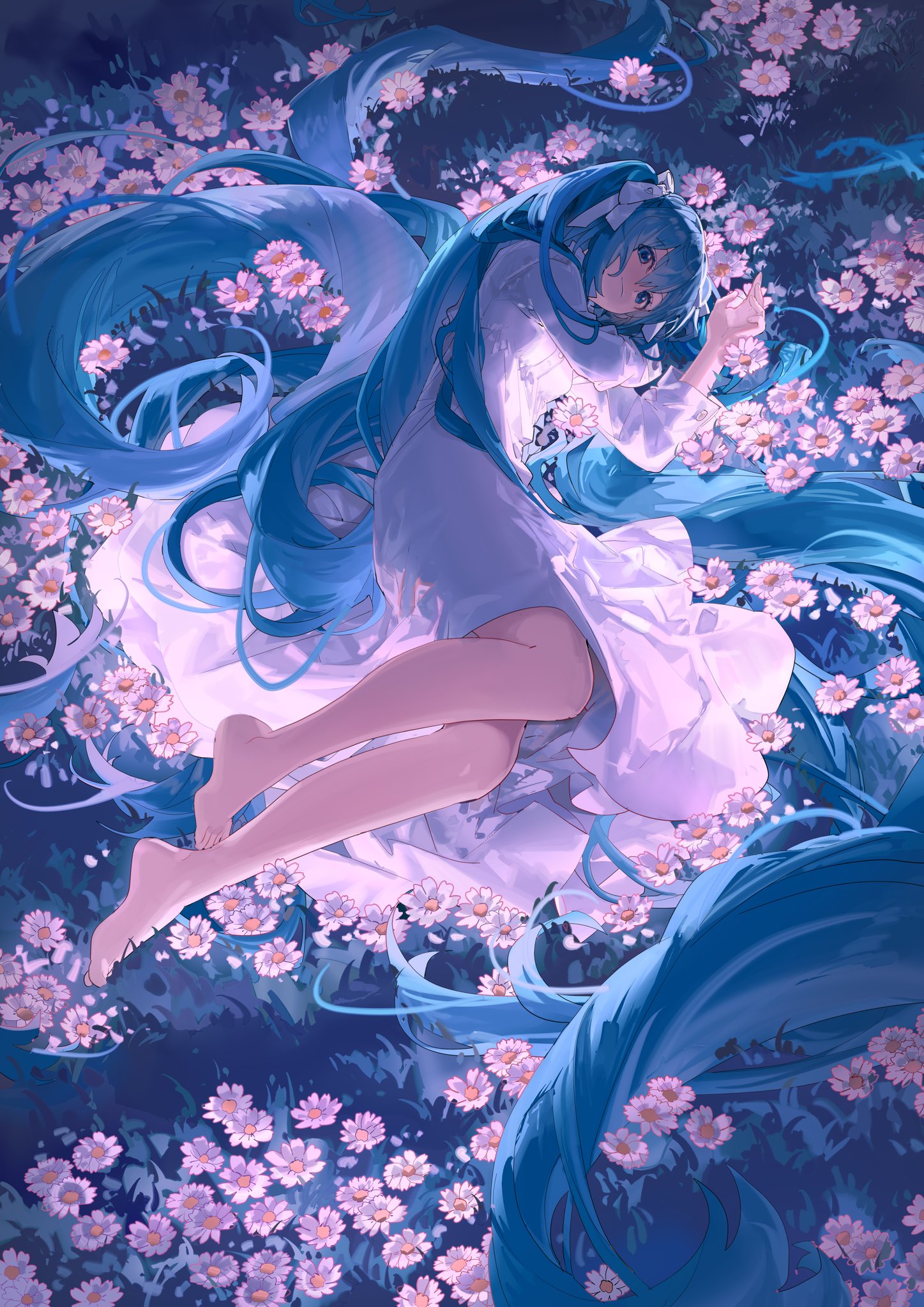 the image is a digital painting or illustration of an animestyle girl with long, flowing turquoise hair. she is lying down in a field of purple and pink daisies, wearing a flowing white dress.  her expression is serene and peaceful, contributing to an overall dreamy and ethereal atmosphere. the art style is soft and slightly painterly, with vibrant yet pastel colors. the focus is on the girl and the beautiful floral setting, creating a visually appealing and calming scene.