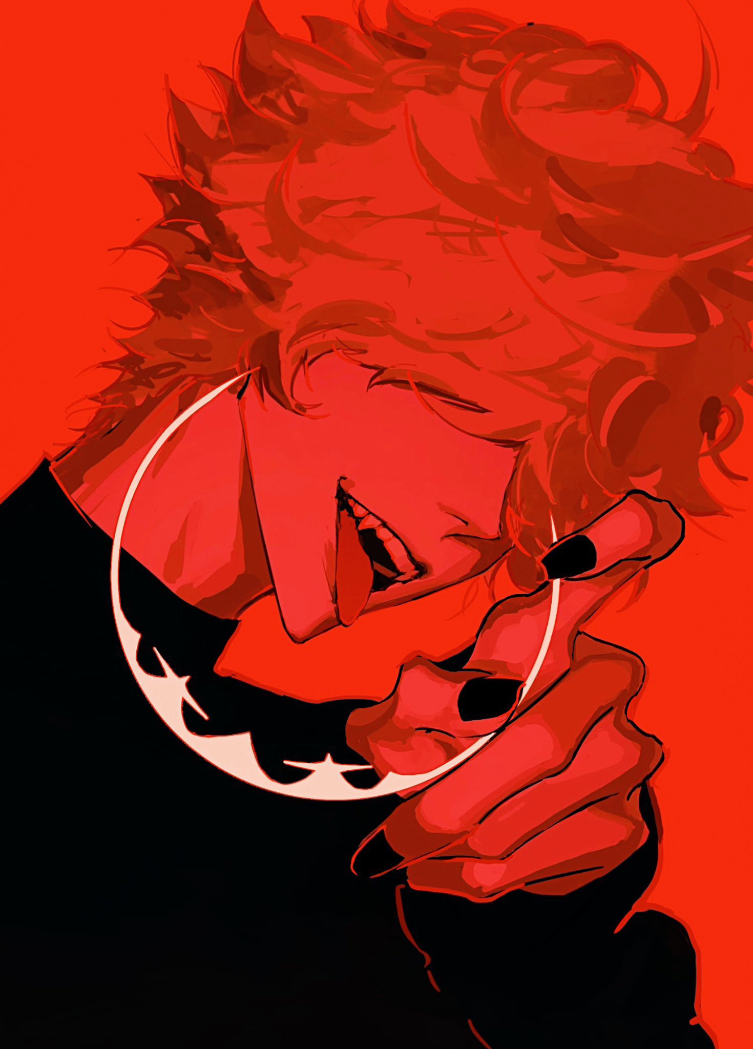 he image is a digital drawing of a stylized animestyle male character. the character has bright red, curly hair, and is wearing a black shirt and a large, crescentshaped hoop earring. their skin is rendered in shades of red, matching the overall color scheme. the character has a playful and mischievous expression, with their tongue slightly sticking out and a smirk on their face. one hand is raised, appearing to point or gesture towards the viewer. the style is bold and graphic, with strong contrasts between light and dark tones and a focus on vibrant color. the overall mood is edgy and alluring.