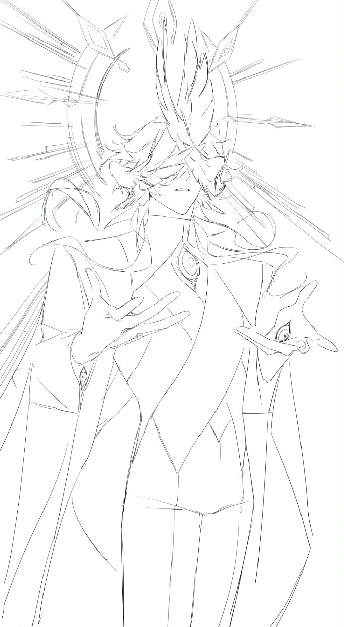 a pencil sketch of an anime male character with wings and a halo standing in a powerful pose, with a mysterious and elegant aura. he has long hair, is dressed in a robe, and has a mystical expression on his face. the art style is clean and detailed, suggesting it is a digital illustration.