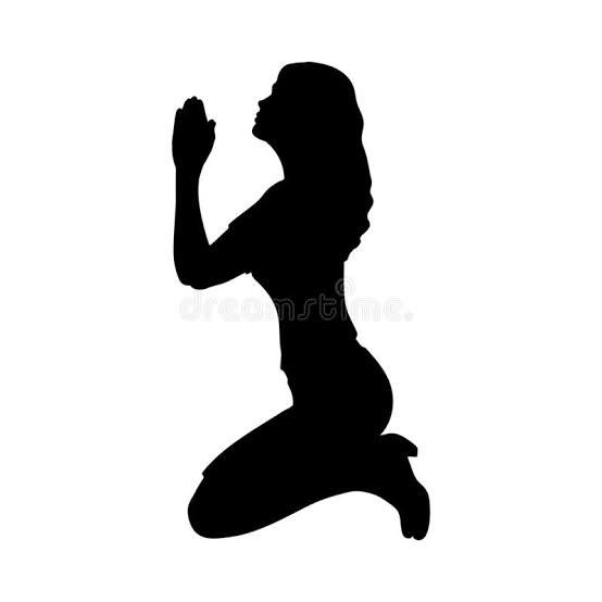 a black silhouette of a woman kneeling in prayer. her hands are clasped together and her head is bowed in devotion. she is isolated on a white background.