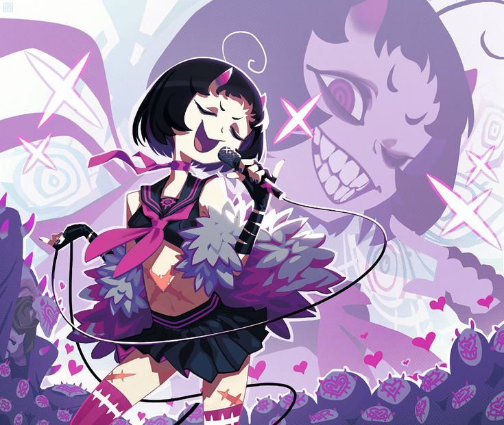 the image is a vibrant and colorful illustration of an anime girl singer performing on stage. she has short black hair, pink eyes, and is wearing a black and pink outfit with a sailor collar, a pink bow, and white feather trim. she is holding a microphone in her right hand and singing with her mouth open wide. the background is a blur of pink and purple hues with hearts and other abstract shapes. the girl's expression is confident and energetic, as if she is enjoying her performance. the overall tone of the image is upbeat and exciting, capturing the energy and passion of live music.