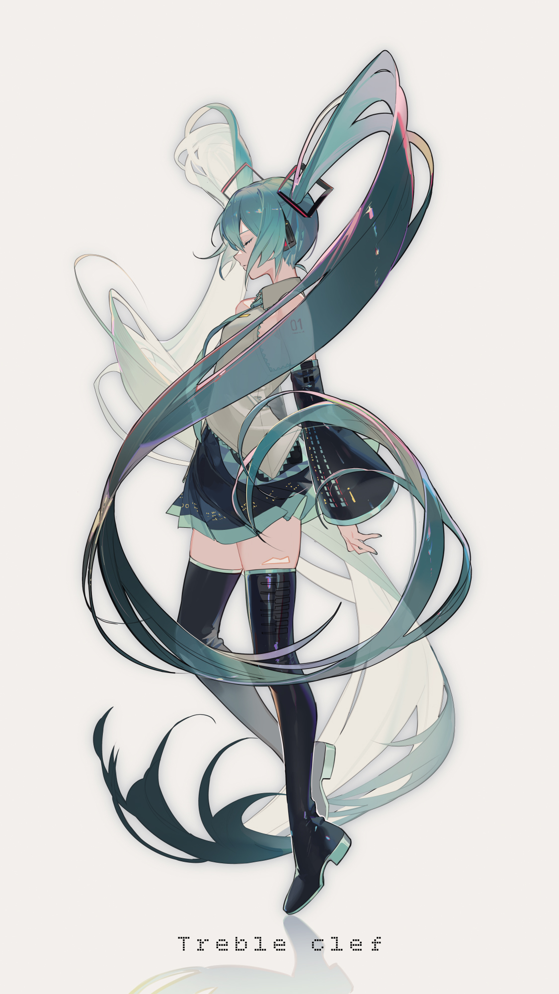 an anime style illustration of hatsune miku, a vocaloid character, posed so that her flowing teal hair and a white ribbon create the shape of a treble clef. she wears a dark dress, thighhigh socks, and boots. the background is a light beige. at the bottom of the image is the text "treble clef".