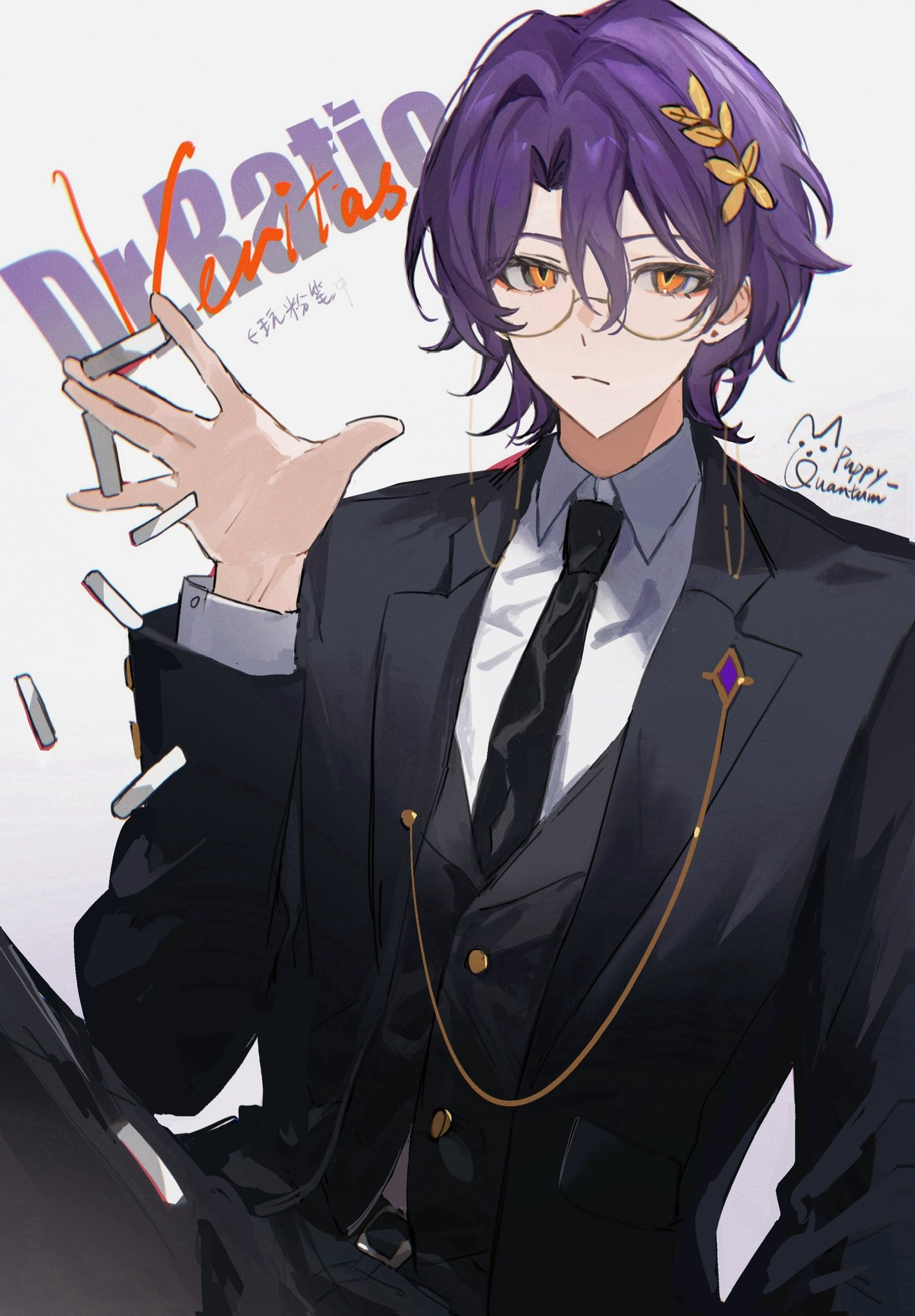 the image shows a male anime character wearing a sharp black suit with a white shirt and a black tie. he has long purple hair that is styled neatly,  golden glasses, and a golden chain attached to his vest. his eyes are colored a deep orange, and he is looking intently at something offcamera. the character is standing in a pose that suggests seriousness and confidence. the background is a simple white, allowing the focus to remain on the character. the overall aesthetic of the image is elegant and stylish, creating a sense of refinement and sophistication. the artwork is detailed and highquality, with a focus on capturing the intricate details of the character's attire.