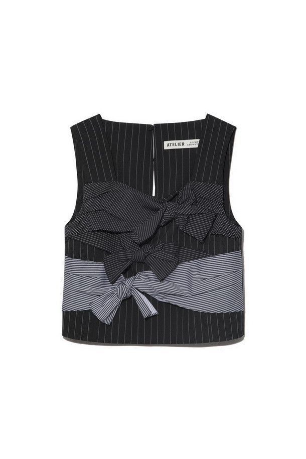 a sleeveless pinstriped top with bow details. the top is black and white with vertical stripes and features an arrangement of bowshaped fabric layers. at the top center, there is a white label that says "atelier". the top appears to be set against a white background.