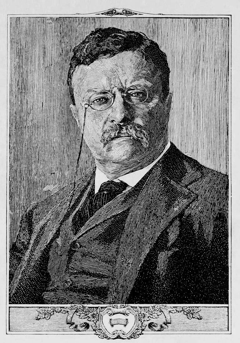 a black and white engraved portrait of theodore roosevelt. the image shows roosevelt from the chest up, wearing a dark suit, a light colored collared shirt, and a dark tie.  he has glasses perched on his nose and a prominent mustache. the portrait is framed with an ornate border at the top and bottom.  the style suggests a late 19th or early 20thcentury publication. the detail is highly rendered, showcasing texture in his clothing and facial features.
