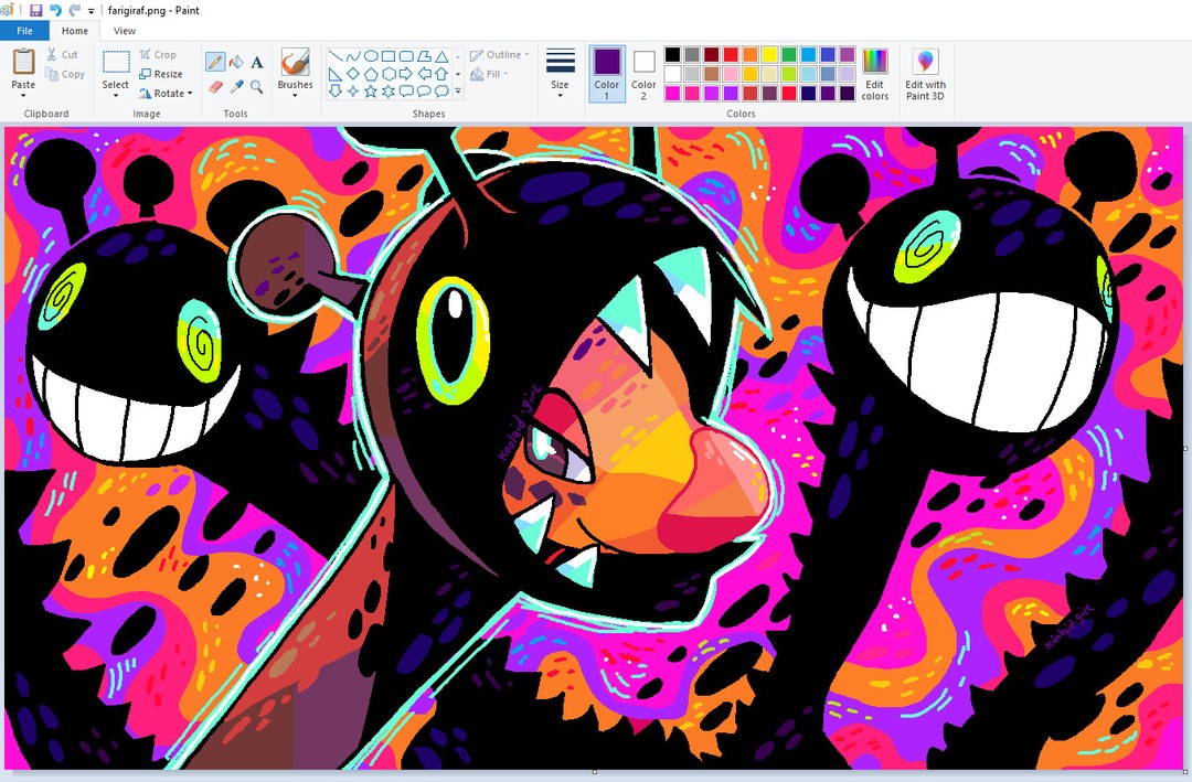 digital painting created in ms paint. the artwork features a vibrant, psychedelic style with swirling patterns in shades of orange, pink, purple, and green.  the central focus is a cartoonish creature with sharp teeth and large, expressive eyes, flanked by two similar but smaller, smiling creatures.  the overall aesthetic is playful yet slightly unsettling due to the contrasting colors and the characters' design.  the artist's signature is faintly visible near the central character.