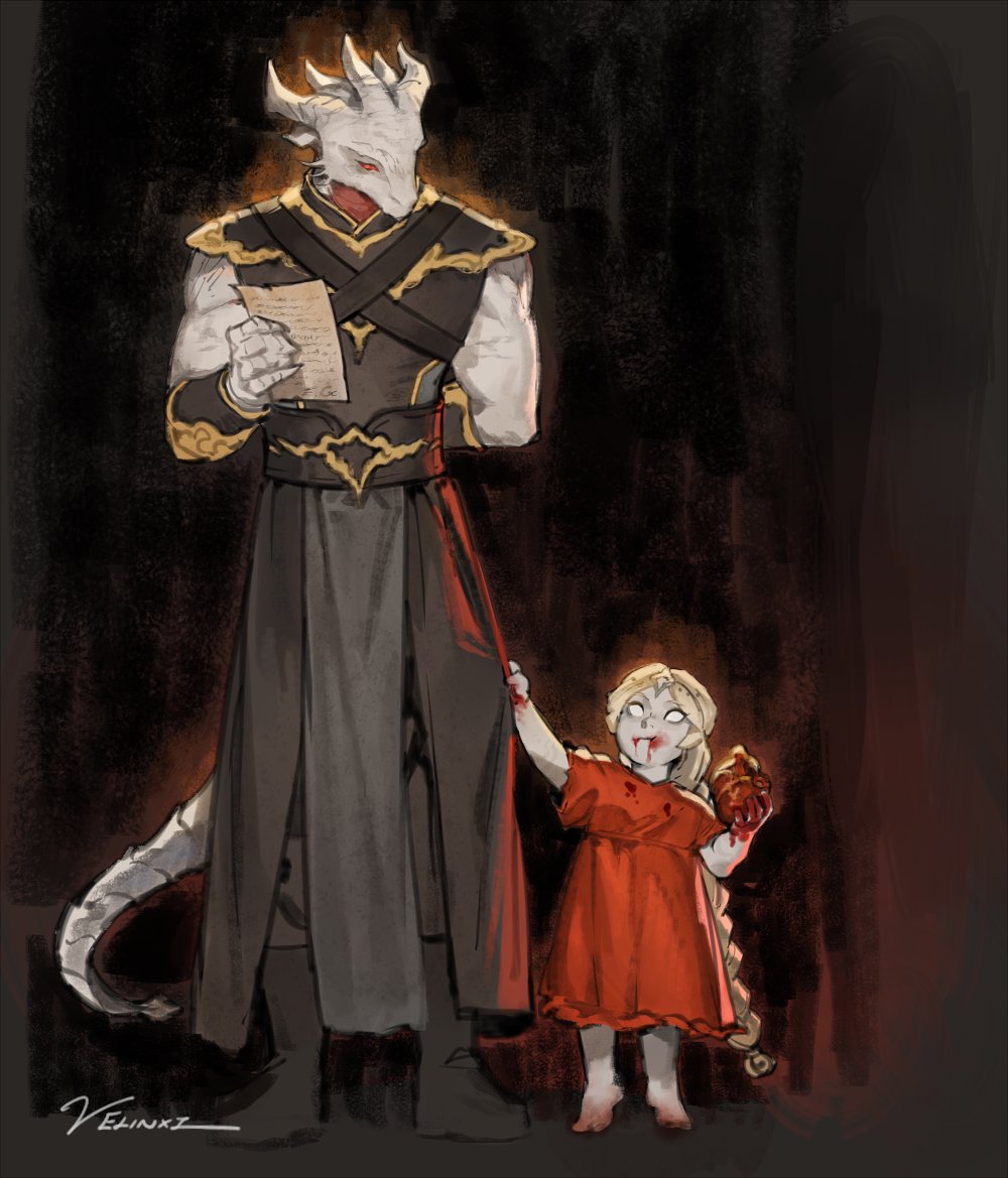 a tall, dragonbornlike figure wearing dark robes with gold accents is standing next to a young child. the dragonborn is reading a document. the child, in a red dress, is covered in blood and holds a heart. the scene has a dark, ominous atmosphere.