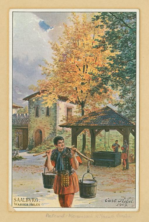 an antique postcard features a painting of a man in roman attire carrying two buckets of water on a yoke. in the background, roman soldiers stand near a well under a wooden structure, with a building and trees showcasing autumn colors in the landscape. the painting is signed "carl diebel, 1902." the postcard text reads "saalbvrg. wasser holen" and "postcard  maisonsbach r. staath, coblen."