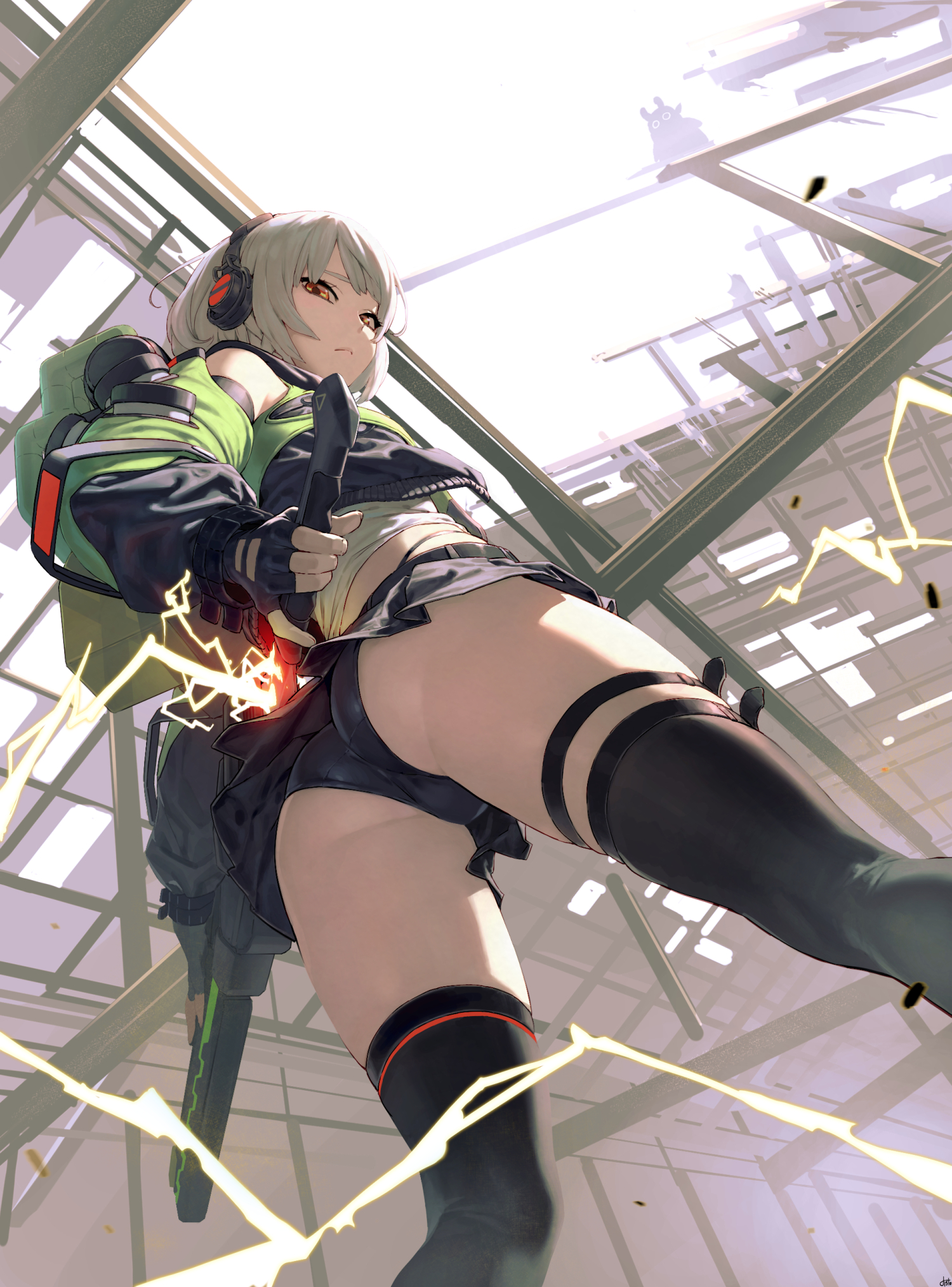 the image is a digital illustration of an animestyle female character. she is depicted from a low angle, appearing powerful and dynamic. she wears a cyberpunkinspired outfit, including headphones, a short skirt, and thighhigh stockings.  her pose is energetic, and lightninglike energy effects surround her. the background is a futuristic, slightly dilapidated urban setting. the overall style is detailed and visually striking, blending elements of anime and cyberpunk aesthetics.