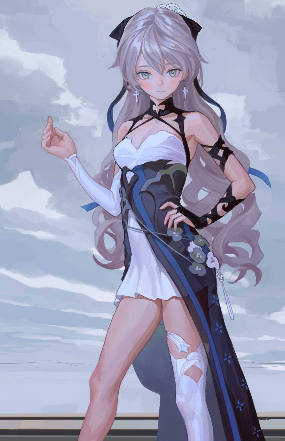 a fullbody illustration of a girl with white hair, cross earrings, and a black ribbon. she is wearing a white dress with a blue and black overlay, showing one leg with a decorated white sock. the background is a cloudy sky.