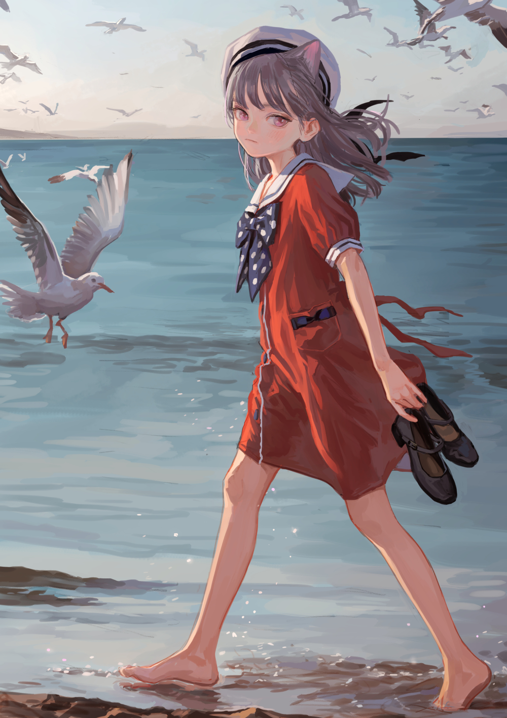 a young anime girl with cat ears, wearing a sailor dress and hat, walks barefoot on a beach, holding her shoes in her hand. seagulls fly around her.