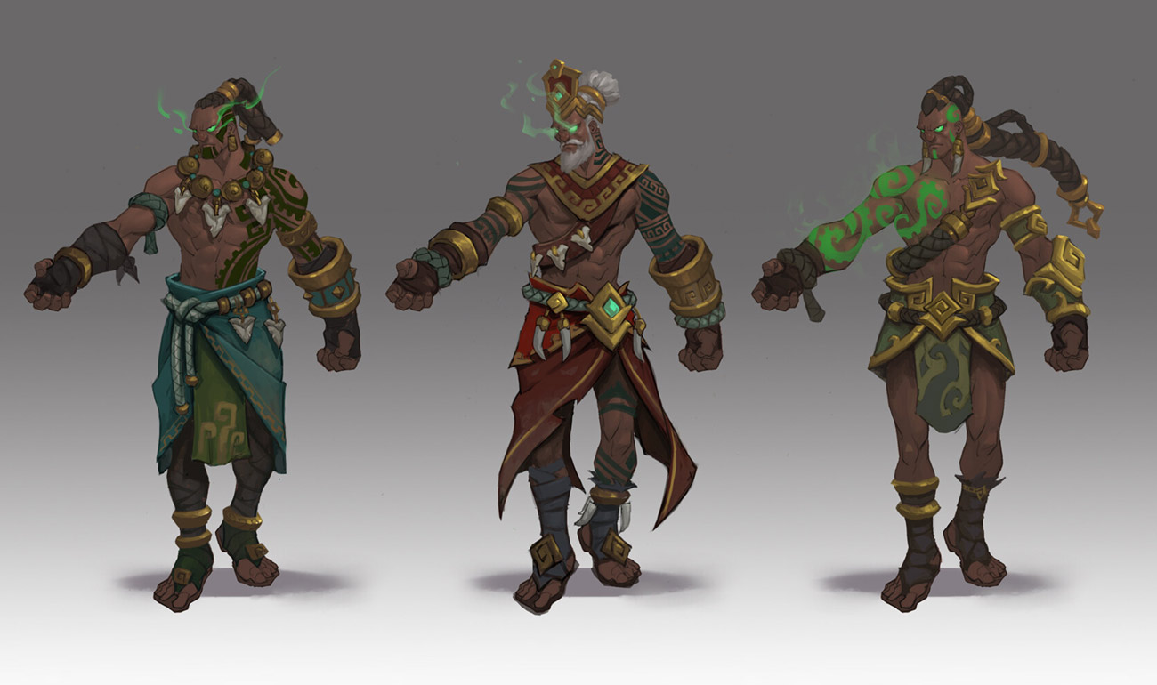 the image shows three different designs for the same warrior character in three different stages of development. the character has tribal tattoos, and wears a variety of accessories including gold bracelets and a loincloth. he is in a fighting stance, with his fists clenched.  each version of the character has different colors, and the tattoos and accessories are slightly different. the character is set against a grey background, and the image is in a digital art style.
