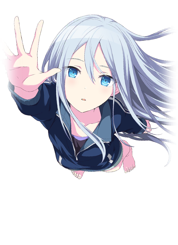 a lowangle image of an anime girl with white hair and blue eyes. she is wearing a blue jacket and is barefoot. her hand is outstretched as if reaching for something or someone. the background is dark, which emphasizes the girl and her longing expression.