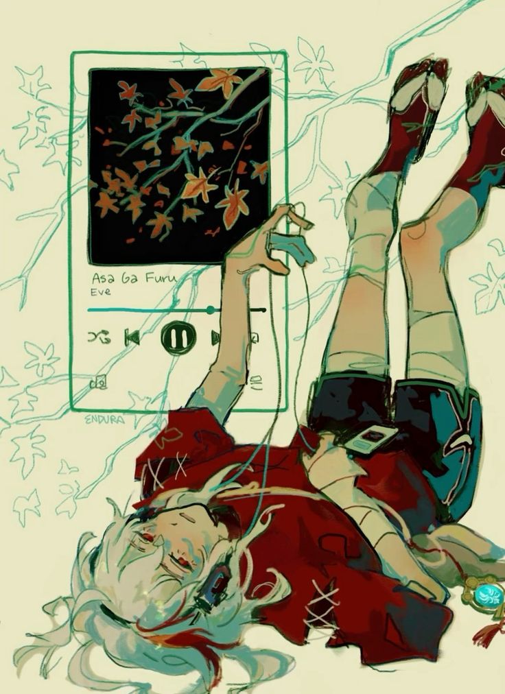 the image is a digital painting or illustration of a young woman, possibly anime or mangastyled, lying on her back with her legs in the air. she appears relaxed and is listening to music on headphones, with a music player displaying the song title "asa ga furu" by eve. the art style is whimsical and stylized, with vibrant colors and flowing lines. the background features stylized autumn leaves and branches.  she wears a red garment that seems patched, and traditional japanese geta sandals on her feet. the overall mood is peaceful and slightly melancholic.
