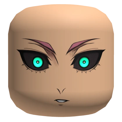 closeup of a roblox avatar face with animestyle eyes. the eyes are teal with dark outlines and exaggerated eyelashes. the avatar also has stylized eyebrows, a small nose, and a closed mouth. the skin tone is a light tan color.