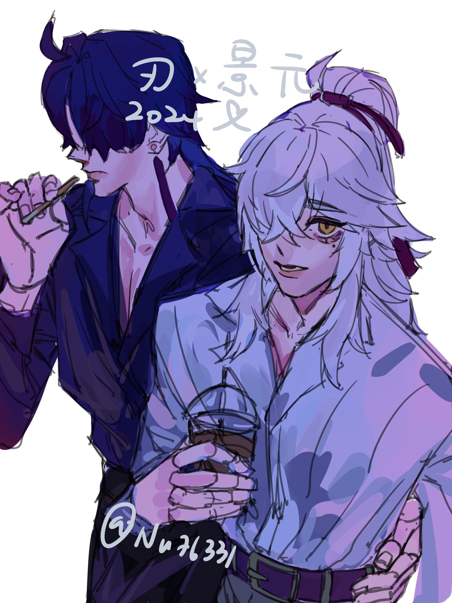 the illustration features two male characters, both with distinct appearances and styles. the character on the left has dark blue hair, a serious expression,  and is dressed in a black jacket and  black trousers. he's holding a cigarette in his hand and looks cool and confident. the character on the right has white hair tied up with a red ribbon, a gentle smile on his face, and is dressed in a white shirt with a purple hue and jeans. he holds a cup of coffee in his right hand, and his left hand is around the other character’s waist. the two are standing together in a close embrace, suggesting a friendly, perhaps romantic relationship. the background is simple and blurred, suggesting a setting in a modern city at night. the overall vibe is casual and relaxed, showcasing a sweet, tender moment between the two characters.