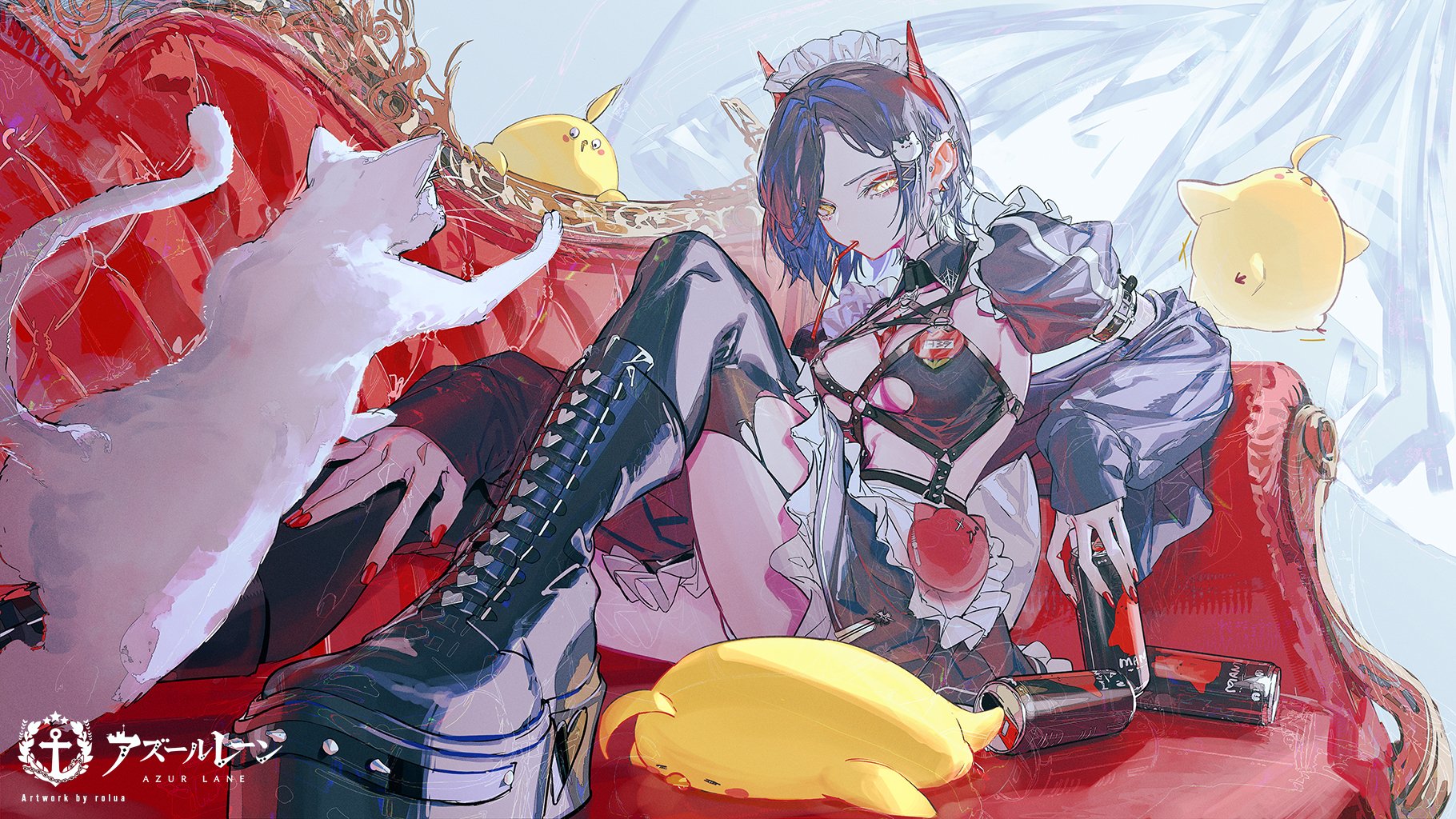 a beautiful anime girl with blue hair and yellow eyes, dressed in a maid outfit with a red and black bodice, sits in a red chair. she's wearing black boots with white laces, and holding a can of drink in her hand. there are two white cats beside her and yellow birdlike figures in the background.  the image is colorful and full of details. the artist's signature "azur lane" and "artwork by relou" is at the bottom left corner.