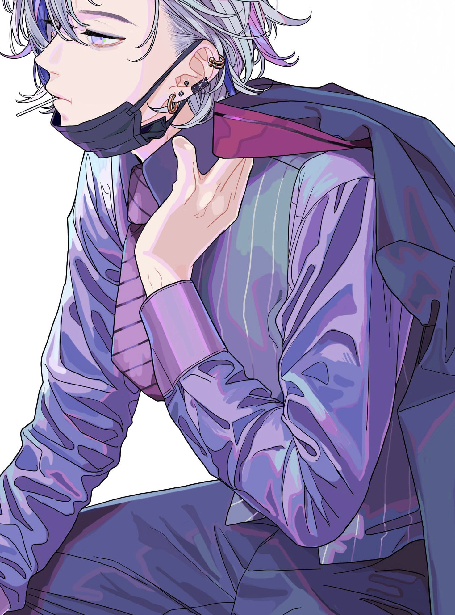 an animestyle illustration features a male character in a suit. he has silver hair with purple accents and multiple ear piercings. he's wearing a black face mask and has a lollipop in his mouth. the character is dressed in a purpletoned suit with a vest, shirt, and tie. a jacket is draped over his shoulder. he's holding the collar of his jacket with his hand. the background is plain white.