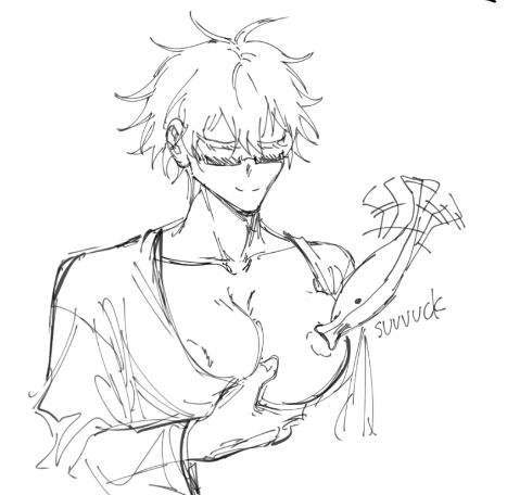 the image is a rough, sketchy drawing in black and white, possibly fanart of an anime or manga character. the style is informal and quick. the character is a young man with long, somewhat messy hair, wearing glasses.  he appears shirtless or in a loose robe, exposing his chest.  a small sea creature, possibly a shrimp or similar, is depicted sucking on one of his breasts. the expression on the man's face is quite neutral.  the overall feel of the image is suggestive and slightly humorous due to the unexpected juxtaposition of the character and the sea creature.