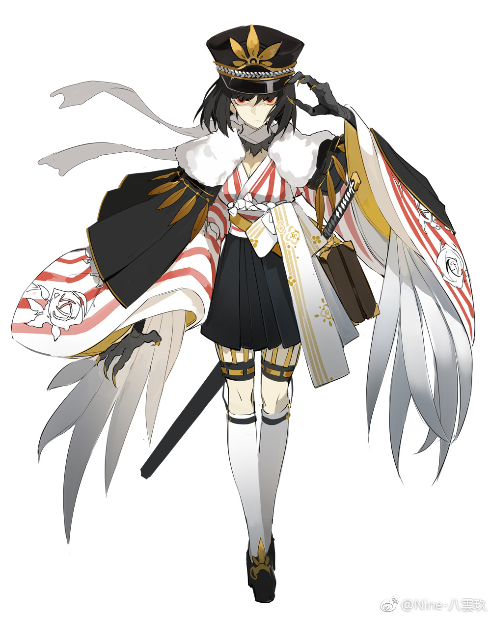 this is a digital illustration of an anime girl character. she has black hair with bangs and wears a black and gold hat with an ornament. she's wearing a red and white kimono with long sleeves and a white fur collar. the kimono has a white and gold pattern on the sleeves. she has white wings that resemble feathers on her back and is holding a sword in her left hand. she has her hands in a fist, her expression is serious, and her eyes are closed. the background is plain white.