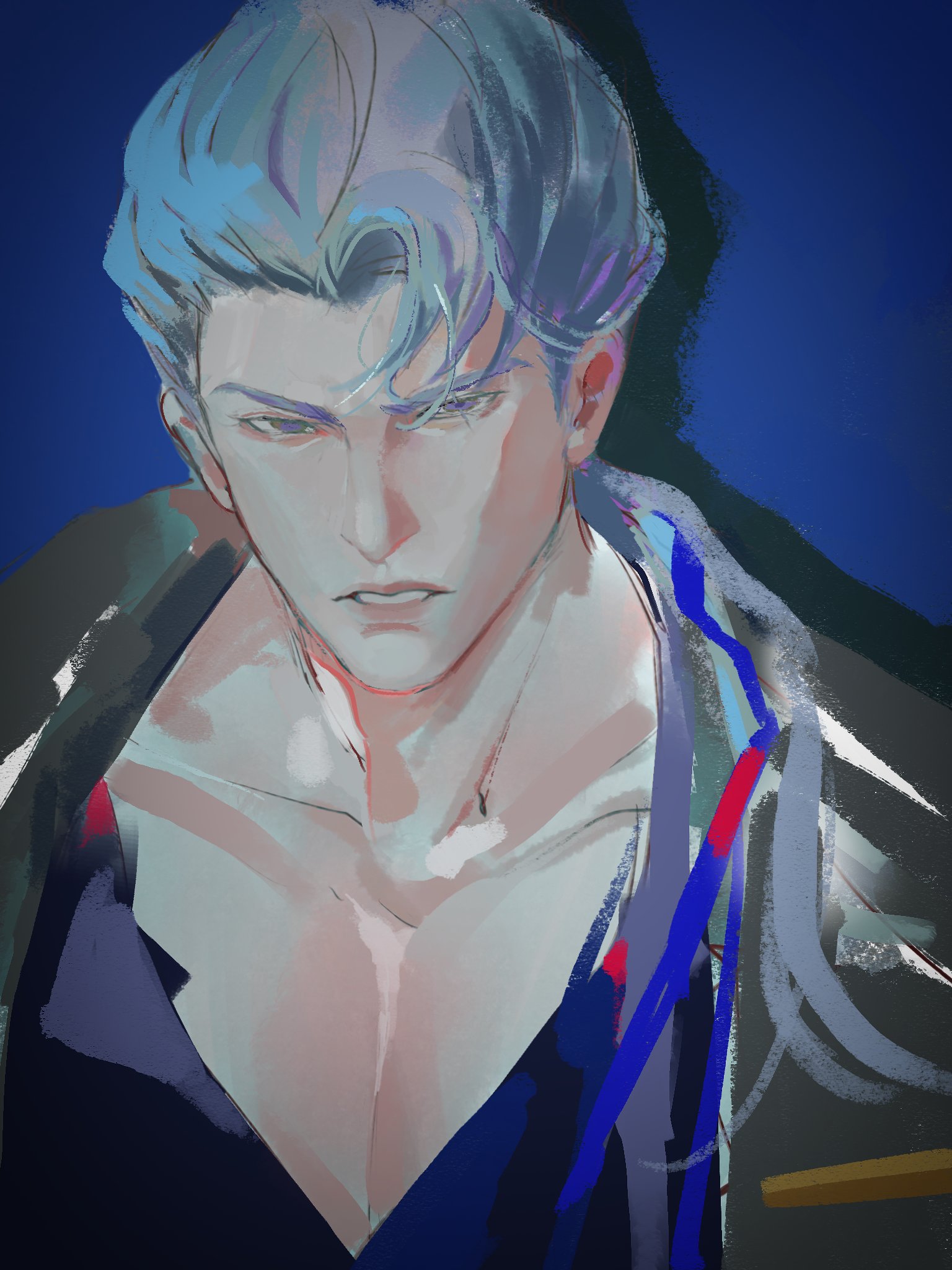 a closeup portrait of a handsome anime man with blue hair and intense blue eyes. he is wearing a black shirt with a lowcut neckline, revealing his muscular chest. he is staring directly at the viewer with a serious expression. the background is a simple blue color, with some brush strokes visible. the art style is painterly and expressive.