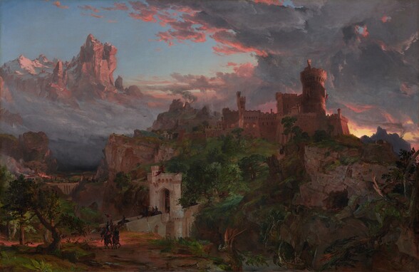 the image is a painting of a castle atop a hill, surrounded by mountains and trees. the sky is filled with dramatic clouds, and the setting sun casts a warm glow on the scene. in the foreground, there are riders on horseback, near a small bridge and ruins. the overall impression is one of fantasy and adventure.
