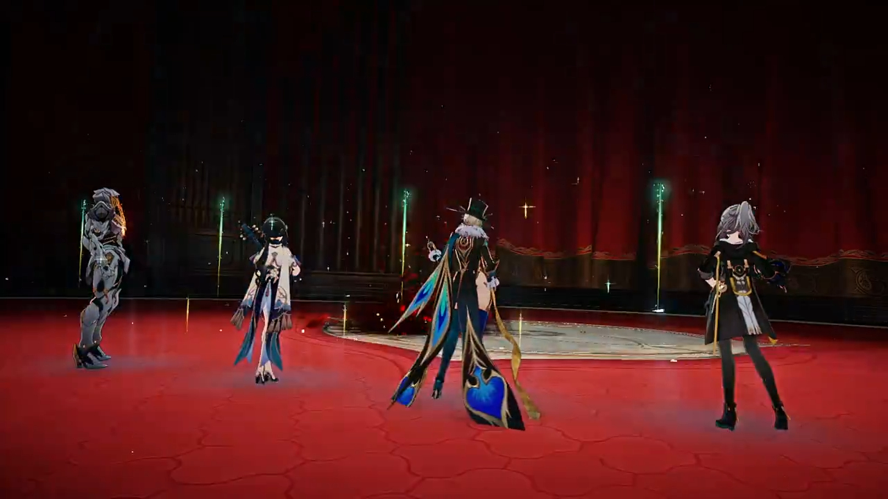 the image features four anime characters from the video game genshin impact standing on a stage. two of the characters are females, with one wielding a sword and another wearing a black, magical girllike costume. one of the male characters is dressed in a dark blue and black suit with a staff, while the other is dressed in a white and grey armored suit.  the background consists of a dark red curtain with a glowing light effect, highlighting the characters and adding an ethereal glow.