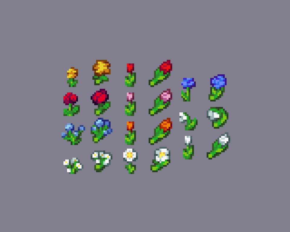 the image shows a collection of pixel art flowers in various colors, including red, yellow, blue, white, and pink. the flowers are depicted with green stems and leaves. there are three columns of flowers, each with five rows. the background is a plain gray color.