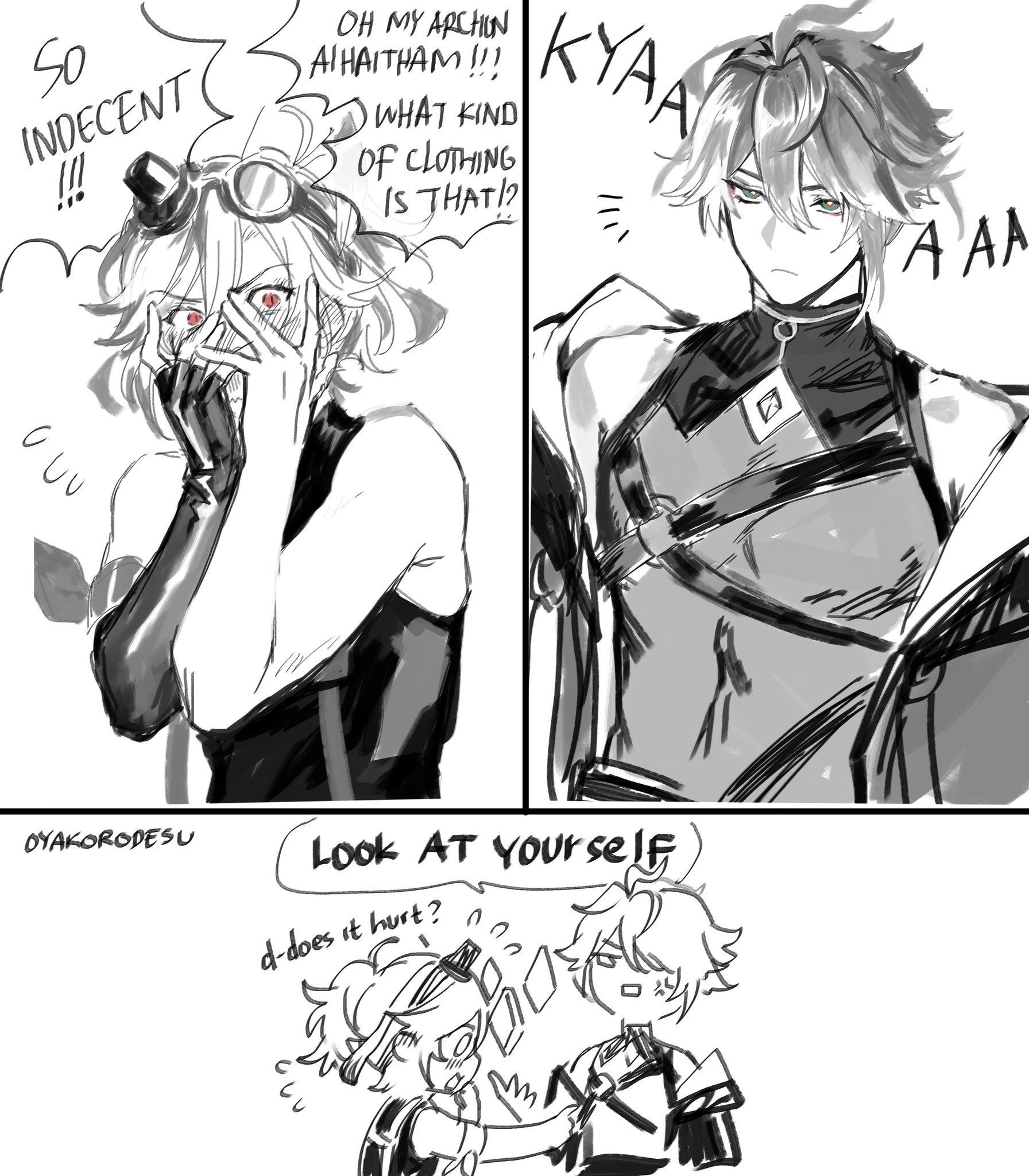 the image is a comic strip featuring two anime male characters.  in the first panel, the character on the left is a young man, and the character on the right is a muscular man.  the young man is blushing and covering his face with his hands, and the muscular man has a surprised expression on his face. the young man is wearing clothes that are