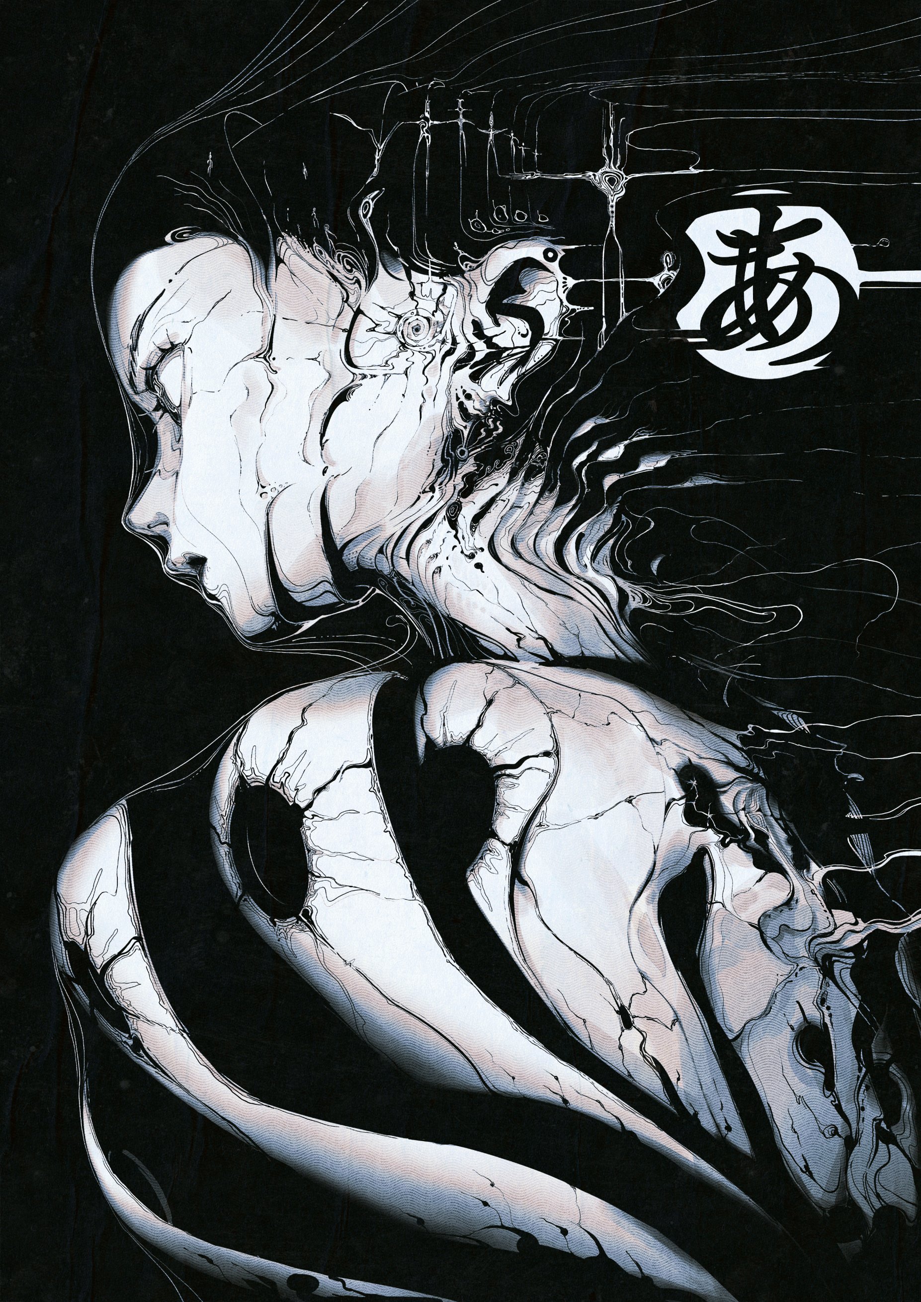 a digital art portrait of a woman with a black and white color scheme. the woman has long, flowing hair and the face is covered in lines. the image is abstract and graphic.