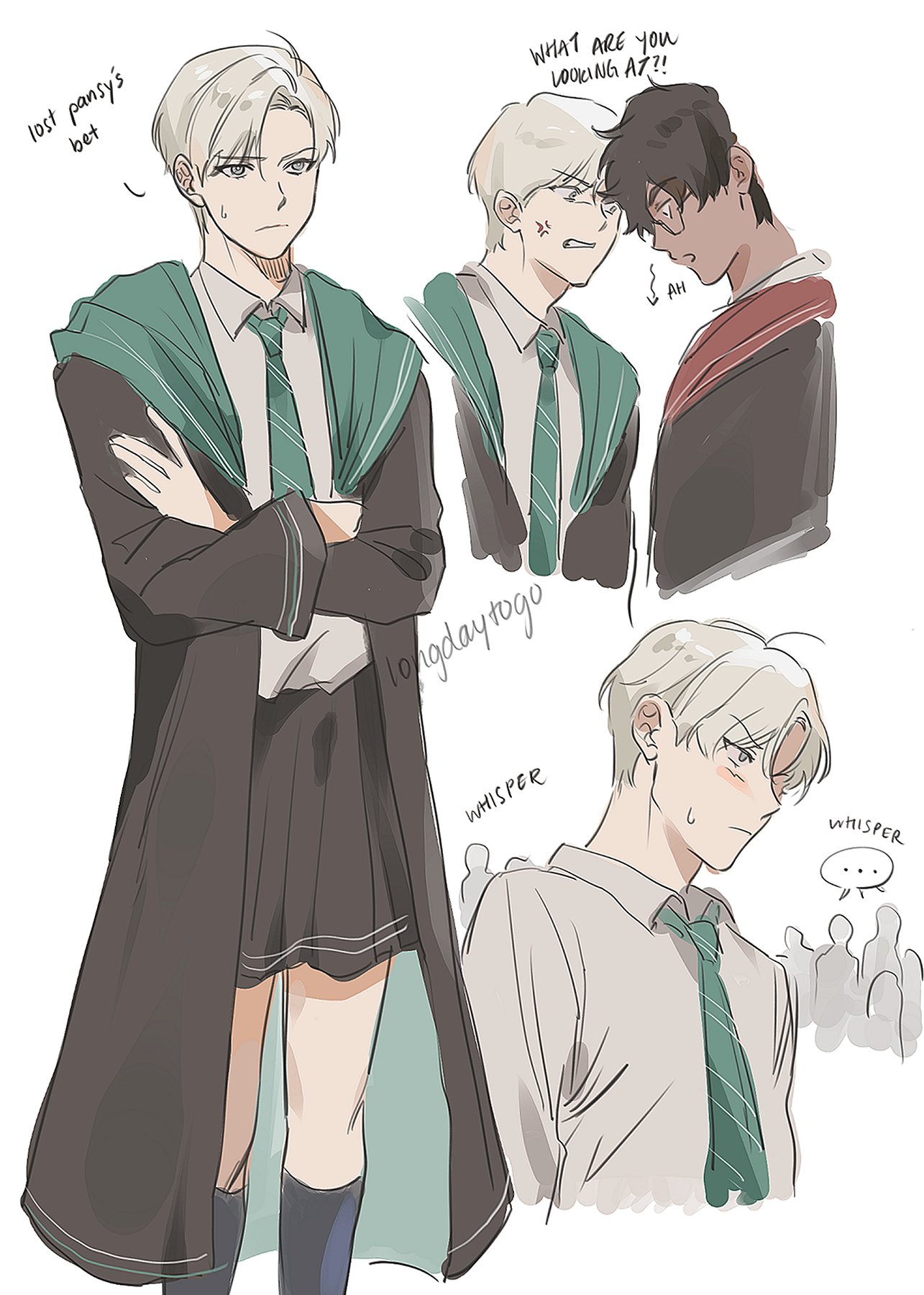 he image is a collection of fanart illustrations featuring a character who appears to be inspired by blaise zabini from the harry potter series.  multiple sketches show him in different poses and situations. one shows him in a slytherin school uniform,  a pleated skirt and long robe.  other illustrations depict him interacting with another character; one scene suggests they might be engaged in a whispered conversation. the overall style is soft, slightly sketchy, and animeinfluenced.  text bubbles add dialogue, such as "what are you looking at?!" and "lost pansy's bet". the style and interactions hint at a possible romantic subtext (bl/yaoi).