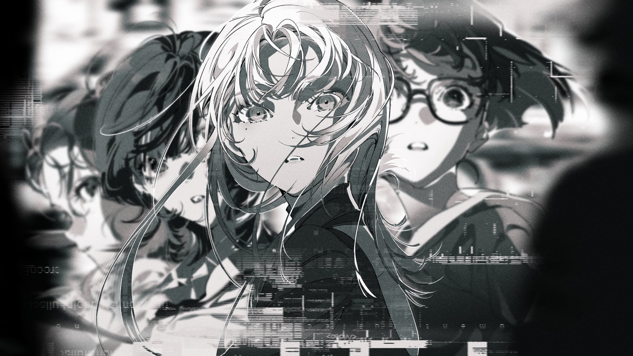 a monochrome illustration of three women in an anime style, with a focus on the woman in the front. the front woman has long white hair, with her eyes looking directly at the viewer. the image has a digital and pixelated feel to it.