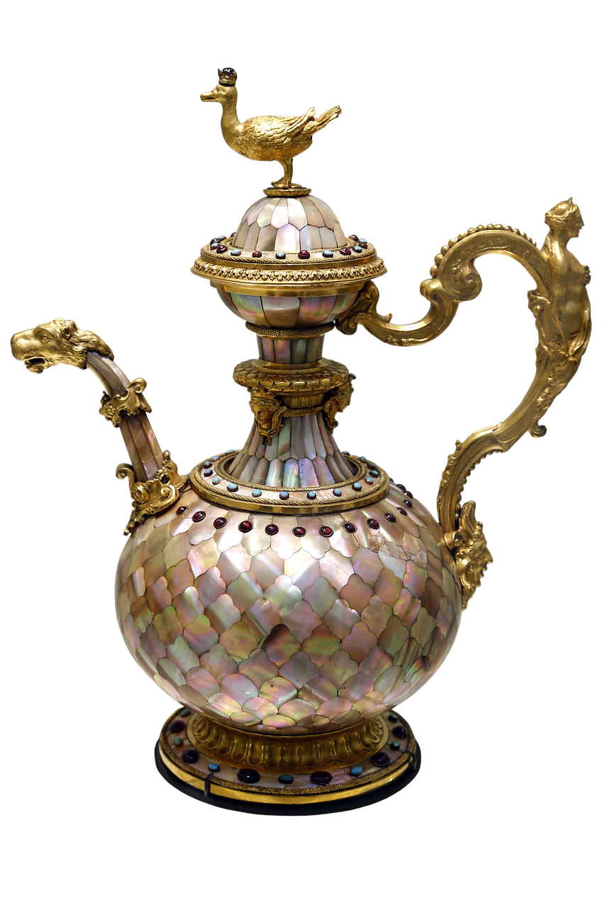 an ornate teapot featuring a body made of mother of pearl pieces arranged in a scalelike pattern. the teapot has gold accents, including a duck figurine on the lid, a handle shaped with a woman figure, and a spout with a dragon head. rubies and turquoises are embedded as embellishments around the pot. the teapot is designed in a luxurious and historical style.