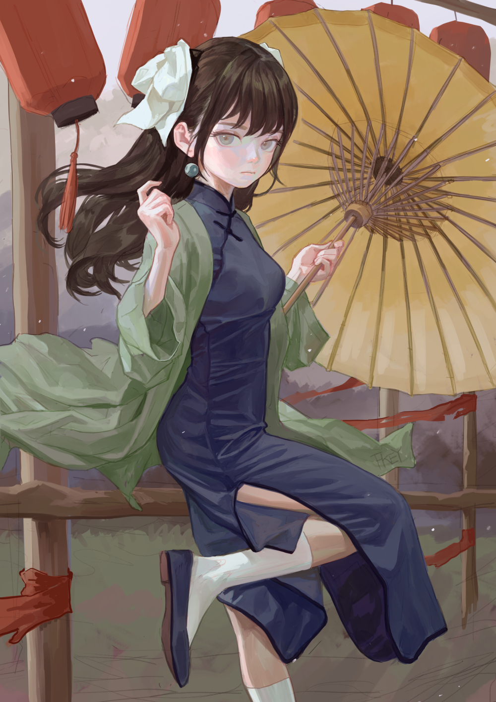 an animestyle image of a woman holding a yellow parasol and wearing a dark blue cheongsam dress with a green shawl and white socks with black shoes. she has long dark brown hair with bangs and a white ribbon, light skin, and light green eyes. there are red lanterns hanging in the background.