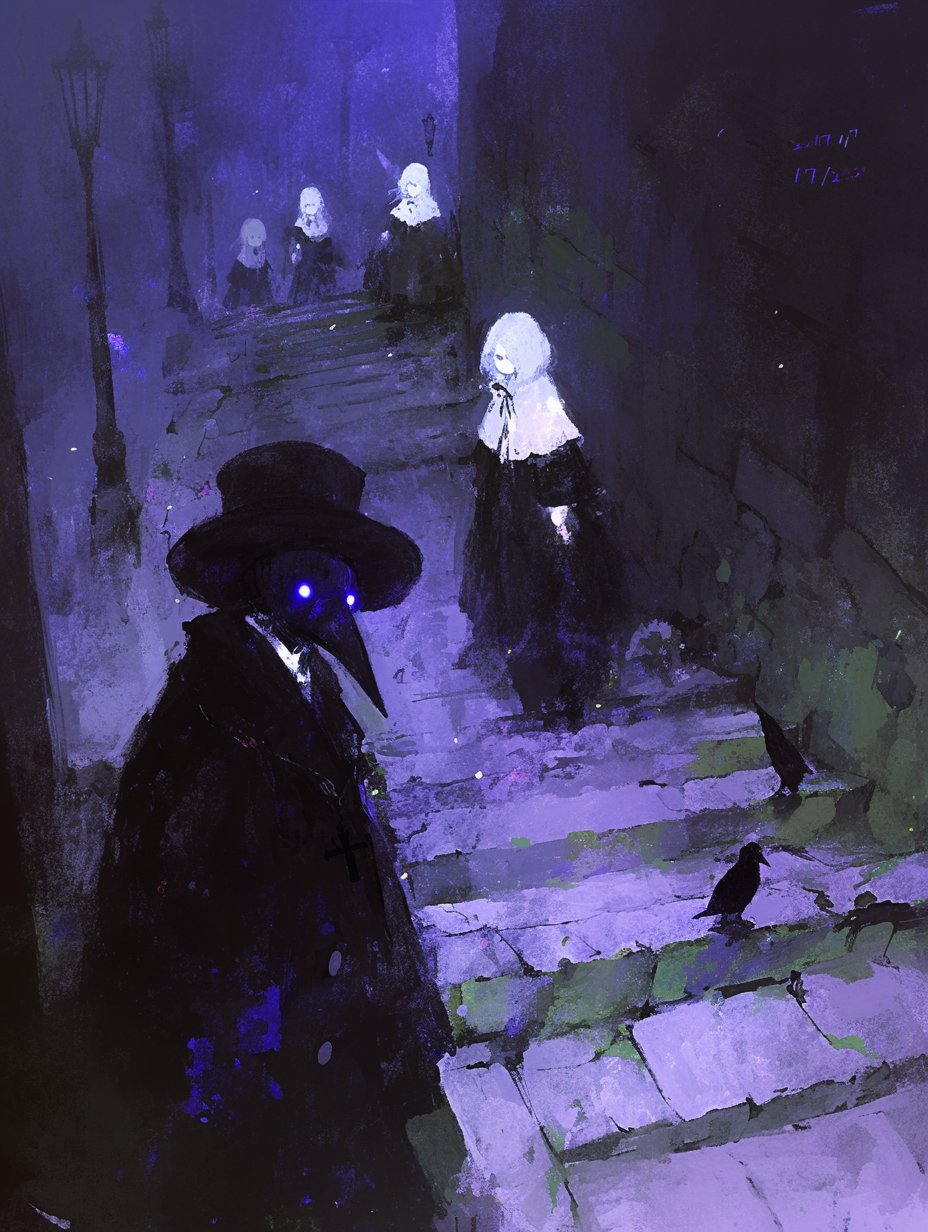 the digital painting depicts a dark and mysterious scene set in a dimly lit alleyway at night.  a figure resembling a plague doctor, clad in a long black coat and a widebrimmed hat, stands prominently in the foreground. their face is obscured by a mask, but glowing blue eyes are visible.  ascending a stone staircase are several cloaked figures, possibly nuns or similar figures, their white hoods adding to the eerie atmosphere. two crows perch on the steps. the overall color palette is predominantly purple and violet, enhancing the gothic and ominous mood of the piece. the style is painterly and atmospheric, emphasizing mood and suggestion over sharp detail.