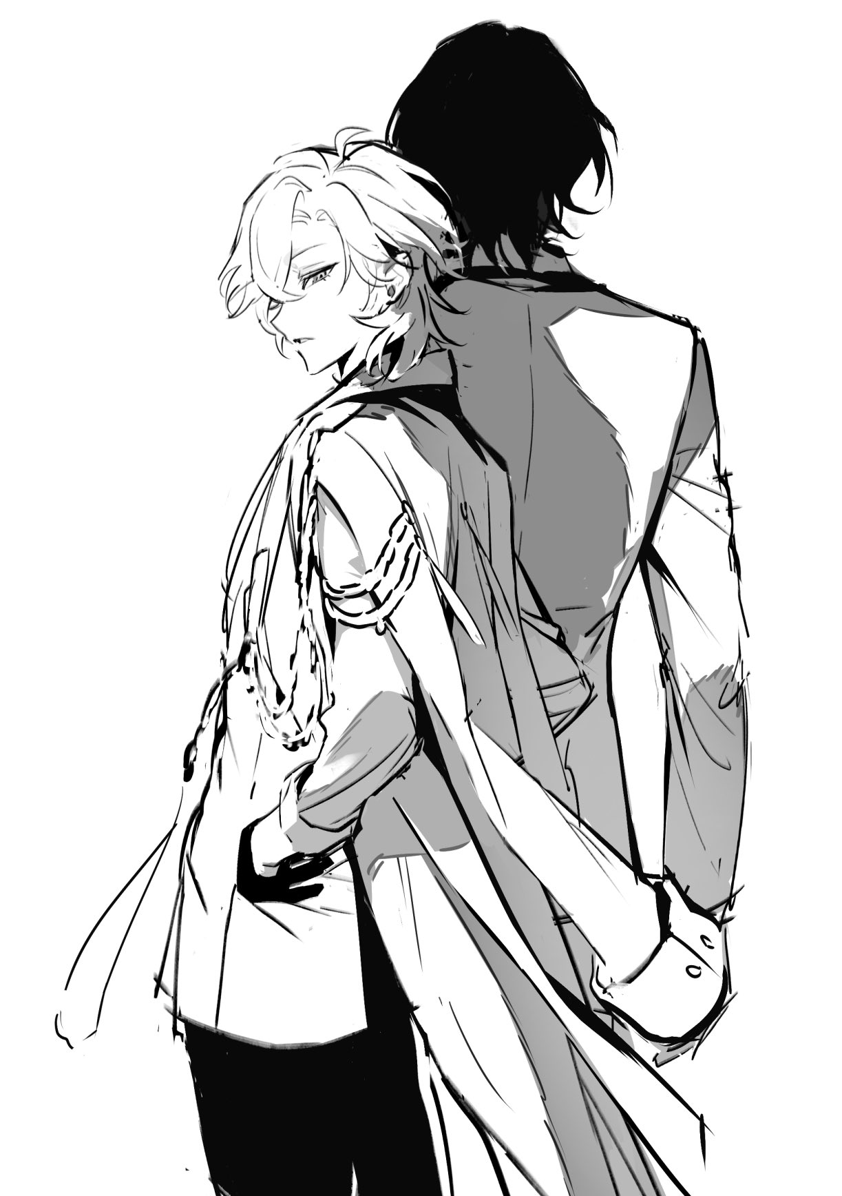 he image is a black and white sketch of two animestyle boys. one with shoulderlength white hair is being embraced from behind by another with short black hair.  they are both dressed in long, elegant coats. the style is reminiscent of manga or anime artwork, with flowing lines and a focus on the characters' poses and clothing. the overall mood is romantic and intimate.