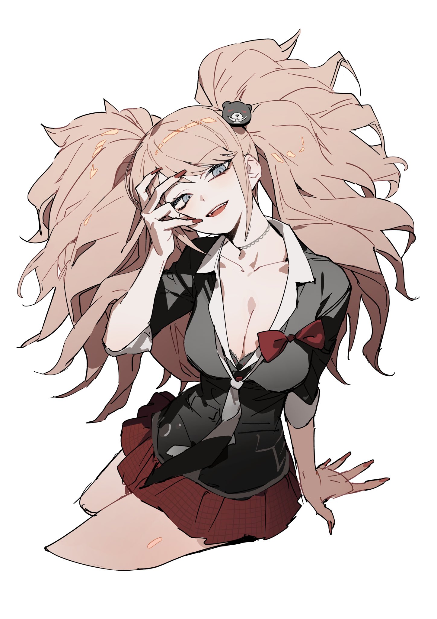 the image depicts a fanart of junko enoshima, an anime girl character from danganronpa. she has long, voluminous pink pigtails, with a monokuma hairpin on one side. she is wearing a school uniform, consisting of a gray blazer, a red bow, and a red plaid skirt. junko is smiling sinisterly, with one hand partially covering her face. she exudes an aura of despair.