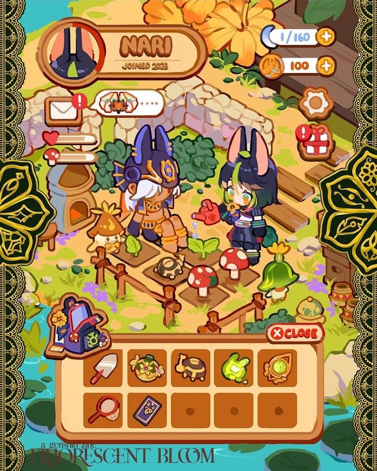 the image is a screenshot from a mobile gardening or farming game called "crescent bloom." the screen shows a player's garden, featuring a topdown perspective. two animestyle chibi characters are tending to plants and mushrooms.  the ui includes an inventory showing various items, a player profile banner showing the username "nari," and other game elements such as a progress bar, currency indicators, and a close button. the overall aesthetic is cute and whimsical, with bright colors and charming character designs.  the game's interface is wellorganized and easy to navigate.