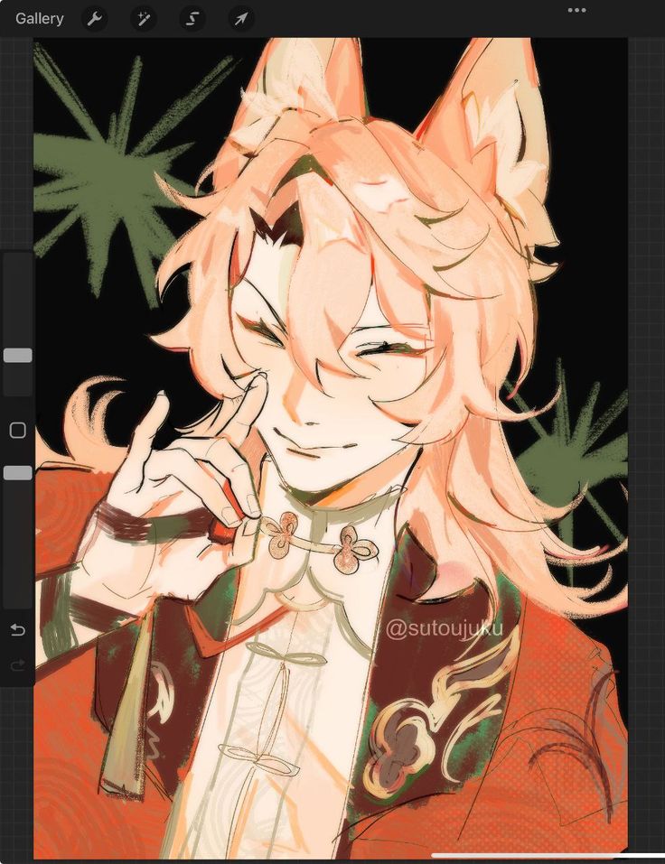 the image is a digital painting of a young male anime/mangastyle character. he has long, wavy pink hair, fox ears, and is wearing a richly colored red and gold traditional chinesestyle outfit (hanfu). the character has a smirk and a confident pose, one hand delicately touching his face. the art style is loose and painterly, with visible brush strokes and textural elements. the background is dark with stylized green foliage. the artist's signature or handle, "@sutoujuku", is visible on the artwork.  the image appears to be a screen capture from digital art software, possibly procreate, showing tools and interface elements.