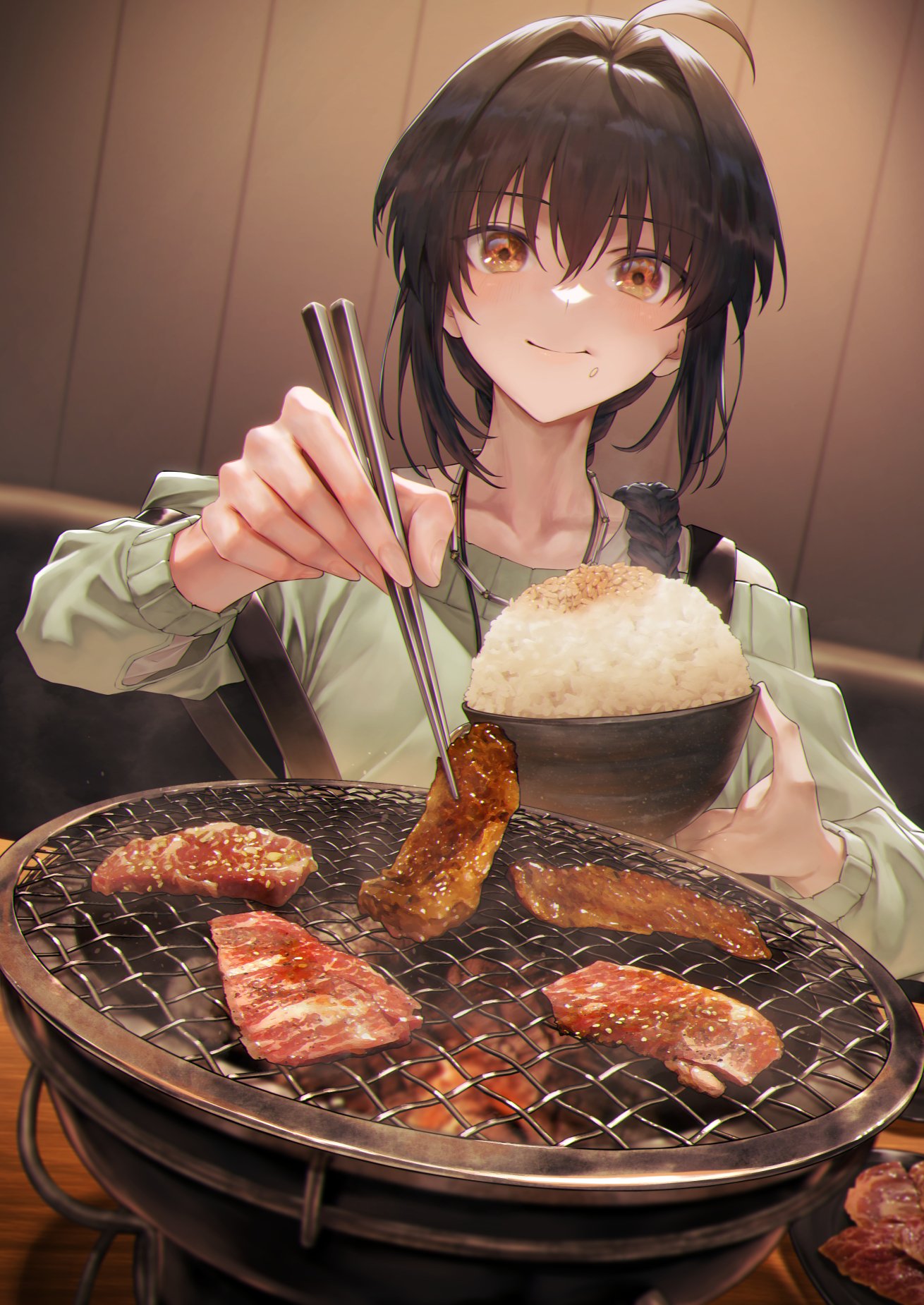 the image is a digital painting of a cute anime girl with short brown hair. she's happily eating yakiniku (japanese bbq) at home.  she's using chopsticks to pick up a piece of grilled meat and has a bowl of rice next to her. the scene is warm and inviting, showcasing a deliciouslooking meal on a small, personal grill. the art style is detailed and expressive, emphasizing the girl's enjoyment of her food.