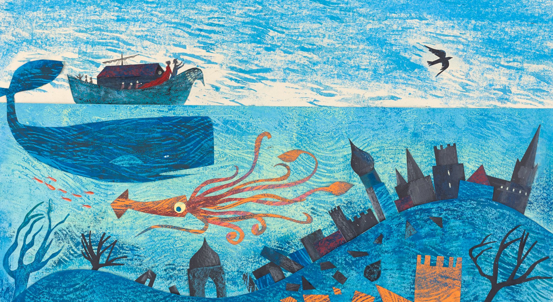 the image shows a crosssection of the ocean. a small boat with three people on board sails on the surface of the water, with a blue whale swimming beneath it. deeper down, a large orange squid swims among the ruins of a castlelike city. fish swim near the surface of the water, and a bird flies in the sky above. the overall color palette is blue and orange, creating a sense of both peace and adventure.