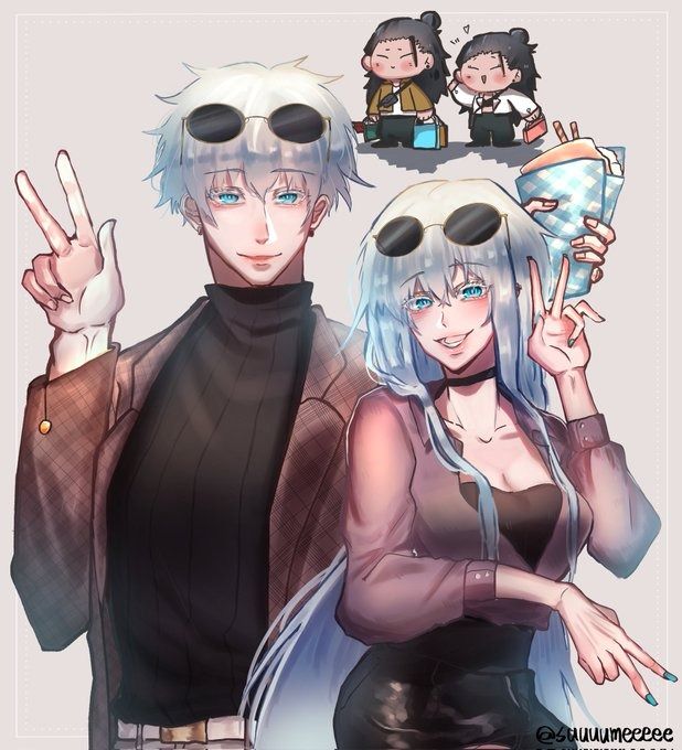the image is a digital fanart depicting a stylish anime couple.  the male character has short, white hair and sunglasses, wearing a brown plaid jacket over a black turtleneck. he is making a peace sign with one hand. the female character also has long white hair and sunglasses,  and is dressed in a mauvecolored shirt and black skirt. she's holding a takeout container of food in one hand and making a peace sign with the other. in the upper right corner, two small chibistyle characters resembling children are shown, potentially representing the couple's younger selves. the overall style is cute and trendy, with a focus on fashion and a playful vibe. the art features a soft color palette and a smooth, slightly painterly rendering style.