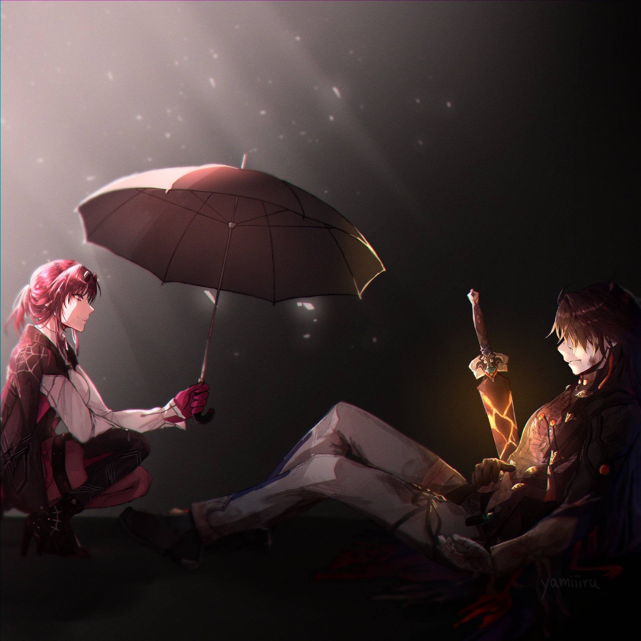 the image depicts a dark and moody scene of two anime characters. a girl with long red hair is holding an umbrella and looking at a boy sitting with a sword. the boy has black hair and is wearing black and white armor. the lighting is dim, creating a shadowy and mysterious atmosphere. the image is filled with dark hues of red, black, and white, giving it a sense of depth and intrigue.