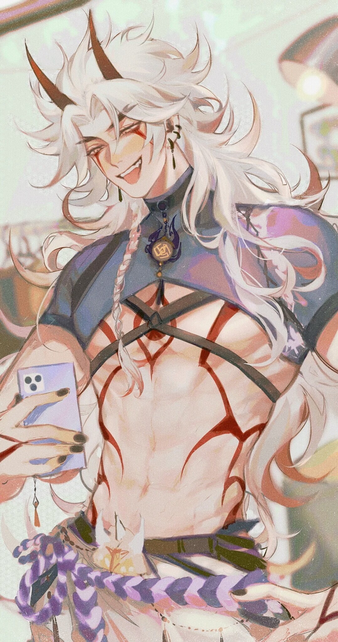 he image is a digital fanart depicting a male anime character with long white hair and horns, suggestive of an oni or demon. he is smiling and holding a purple cellphone. his attire includes a blue top with cross straps resembling a harness, and he is partially barechested, revealing his muscular physique. he wears a purple and white braided sash around his waist, and has several accessories, including a pendant and earrings. the art style is soft and painterly. the background is blurred and out of focus, drawing attention to the character.