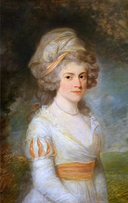a portrait painting of a woman with curly hair, wearing a white dress with an orange sash and a pearl necklace. she has a white bonnet adorned with a ribbon on her head. the background appears to be a landscape with blurred trees and sky.
