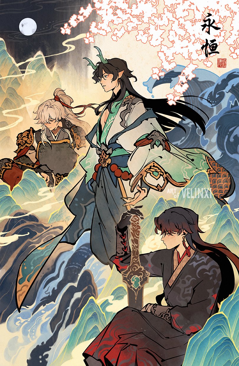 a fanart image featuring genshin impact characters kazuha, xiao, and zhongli in a fantasy setting. kazuha is in the background on the left, xiao is in the foreground sitting with a sword, and zhongli stands above them. the background includes mountains, waves, cherry blossoms, and a moon. the characters are wearing traditionalstyle clothing. the artwork has an anime style.